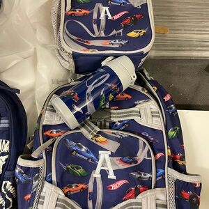 Pottery Barn Kids race car backpack lunchbox and water bottle